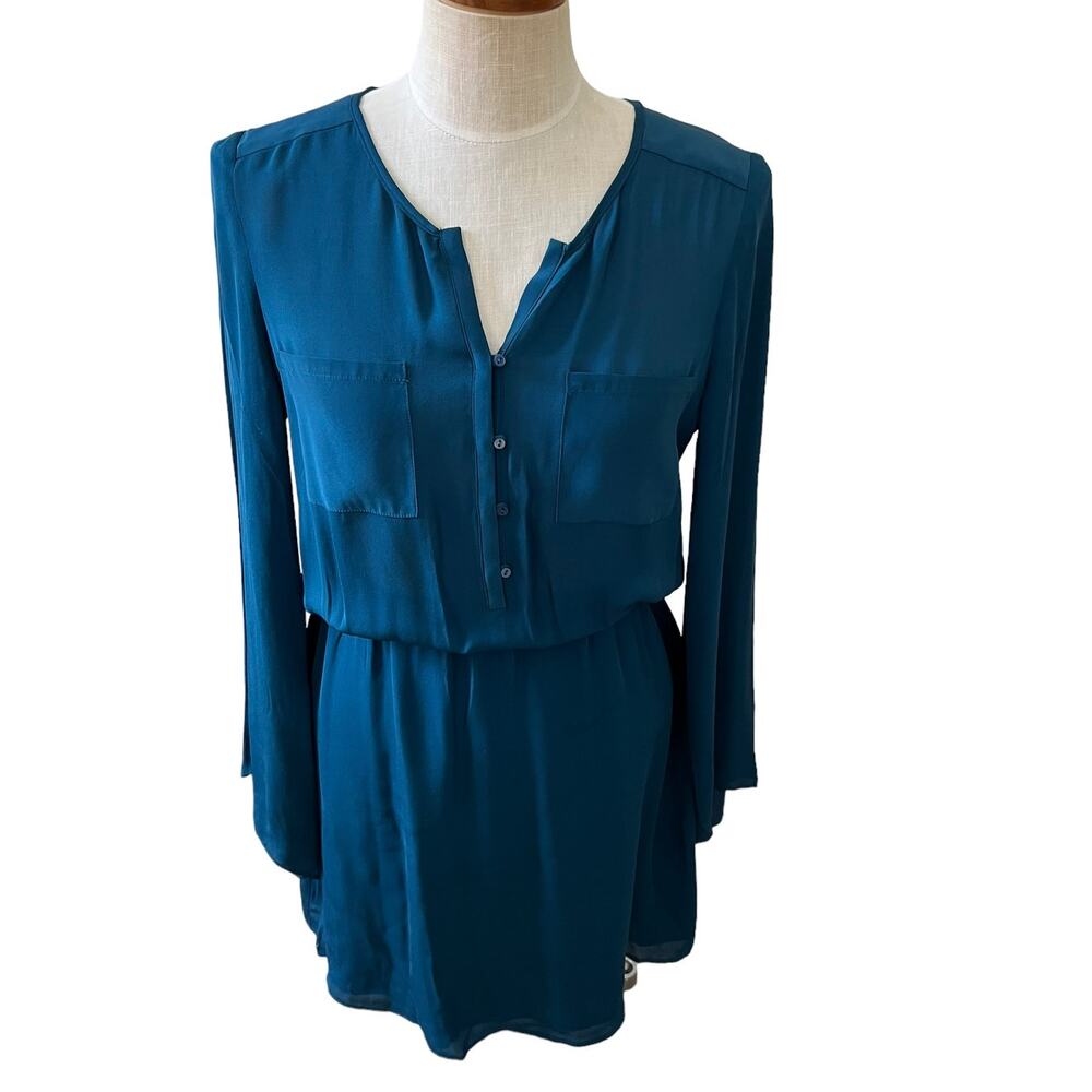 Parker Silk Long Sleeve Mini Shirt Dress Peacock Blue S